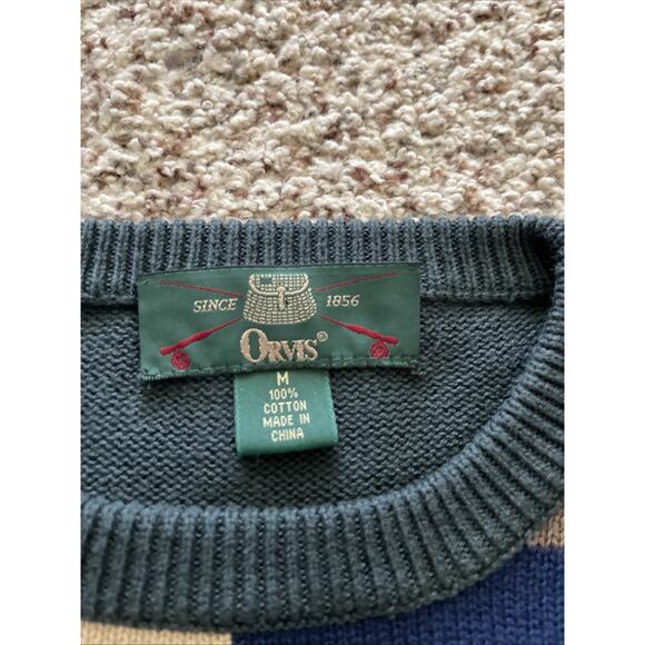 Vintage Orvis Sweater Mens Sz Med Men’s Colorblock Knit Cotton Green Yellow Tan - Picture 7 of 8